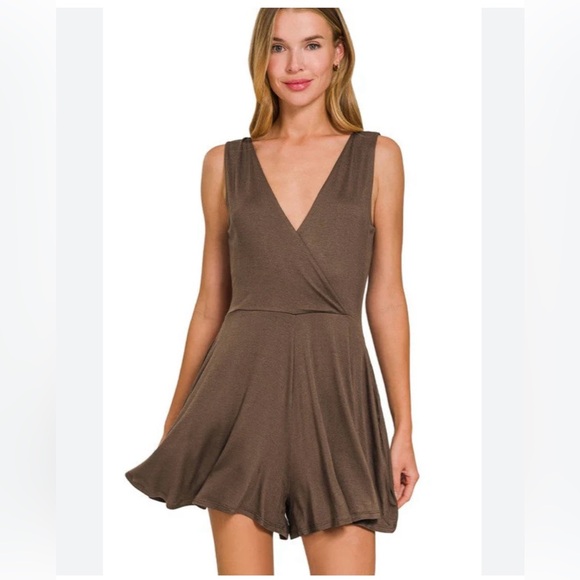 Zenana Outfitters Pants - ZENANA •Surplice Neckline Sleeveless Romper• BROWN• Style AP-8467Y